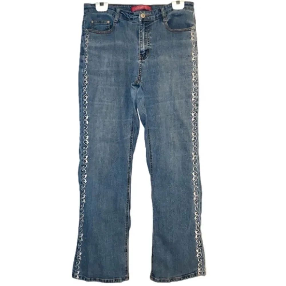 COS Embroidered Bootcut Jeans in Light Blue Wash/Cream Embroidery Women’s 8